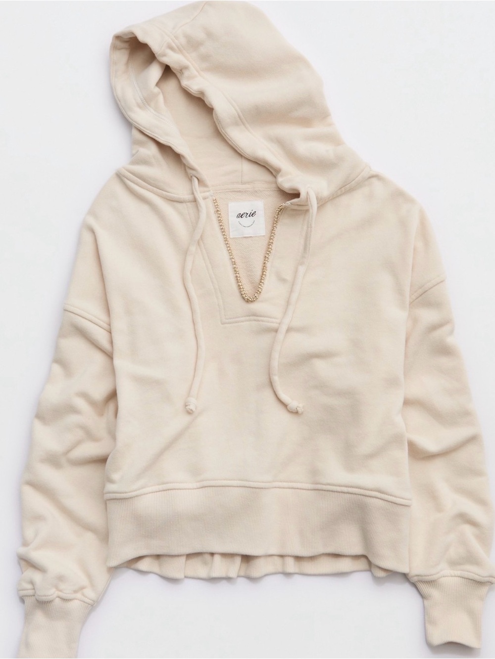 aerie Beaded Hooded Sweatshirt in Cream - size small